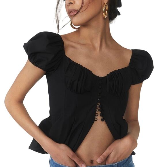 Sthr Dreamer Top Black Cotton Poplin Puff Sleeve Bustier Style Size Small - Picture 1 of 16